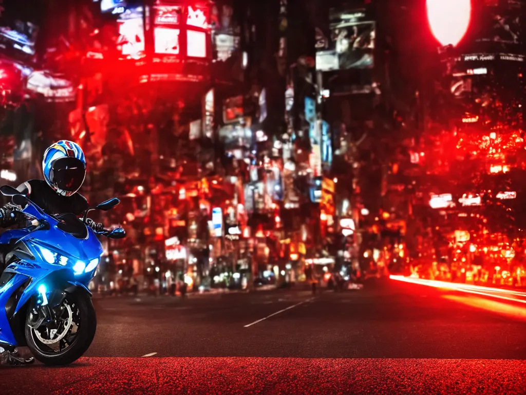 Image similar to a Photorealistic hyperdetailed hyper realistic dramatic moody Low angle night time close up render of biker speeding on a GSX R1000 in the middle of busy shibuya crossing Tokyo,multiple red and orange light trails by,Beautiful dramatic moody tones and lighting,cinematic atmosphere,photorealism,8K