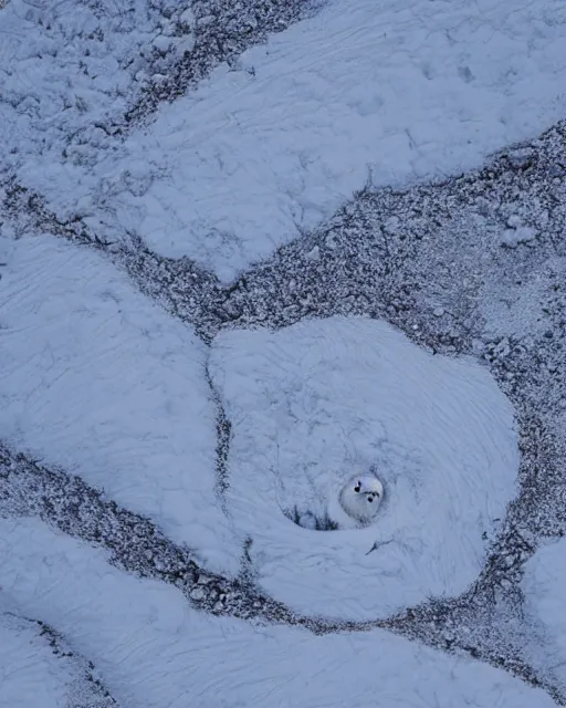 Image similar to a snowy owl's nest in the alps, zoomed out, shot from drone, iphone capture