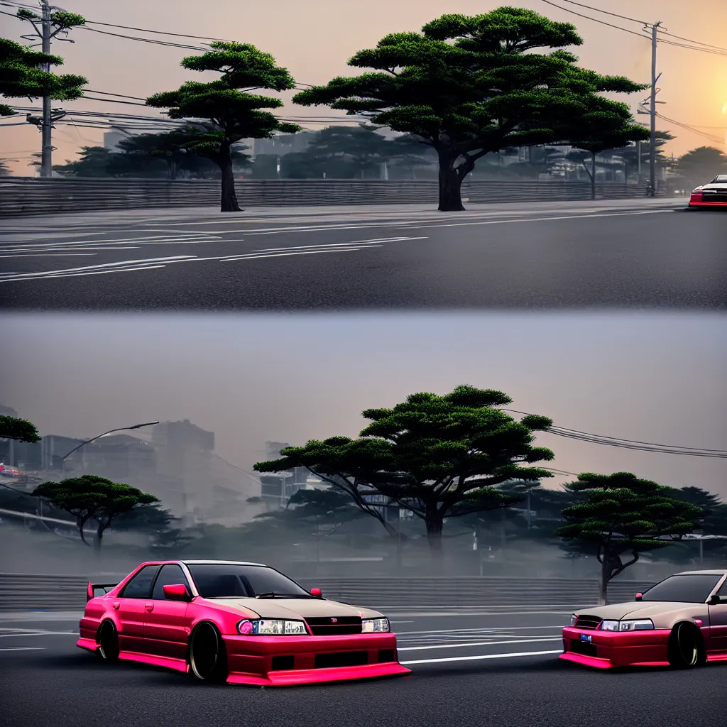 Image similar to a single car JZX100 twin turbo drift in the road, Tokyo prefecture, Japanese architecture, city sunset mist lights, cinematic lighting, photorealistic, detailed alloy wheels, highly detailed car