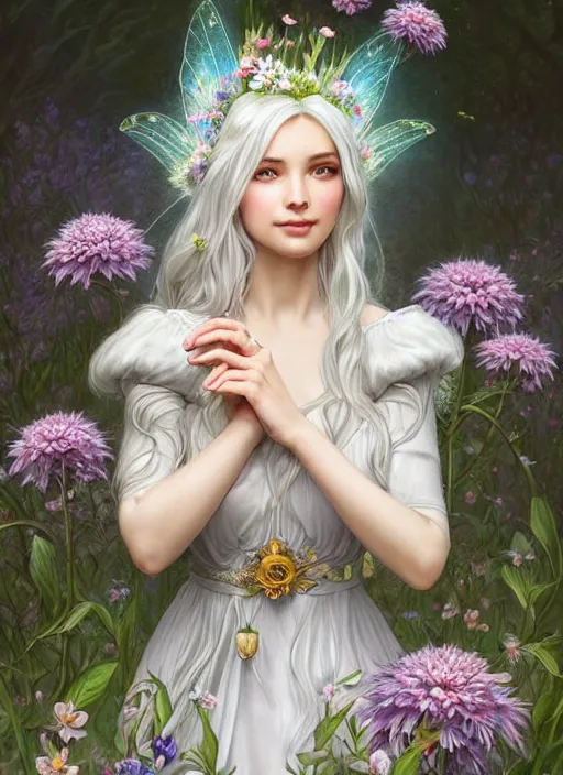 Prompt: highly detailed ilustration of a beautiful white haired woman as a fairy princess in a garden holding a bunch of wild flowers, deep focus, d & d, fantasy, intricate, elegant, highly detailed, digital painting, artstation, concept art, matte, sharp focus, illustration, hearthstone, art by artgerm and greg rutkowski and alphonse mucha