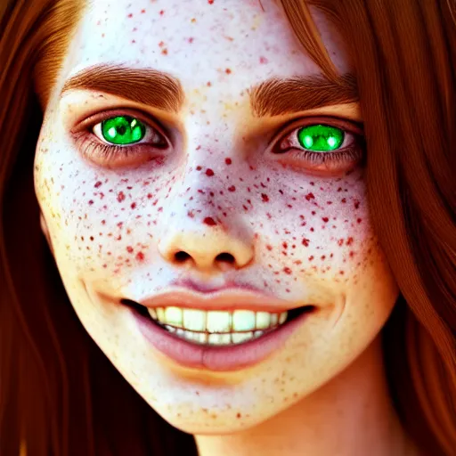 Image similar to portrait of a cute thin young woman, bronze brown hair, eye color is emerald green, red blush, cute freckles, smug smile, modern clothes, relaxing on the beach, golden hour, close up shot, 8 k, art by irakli nadar, hyperrealism, hyperdetailed, ultra realistic