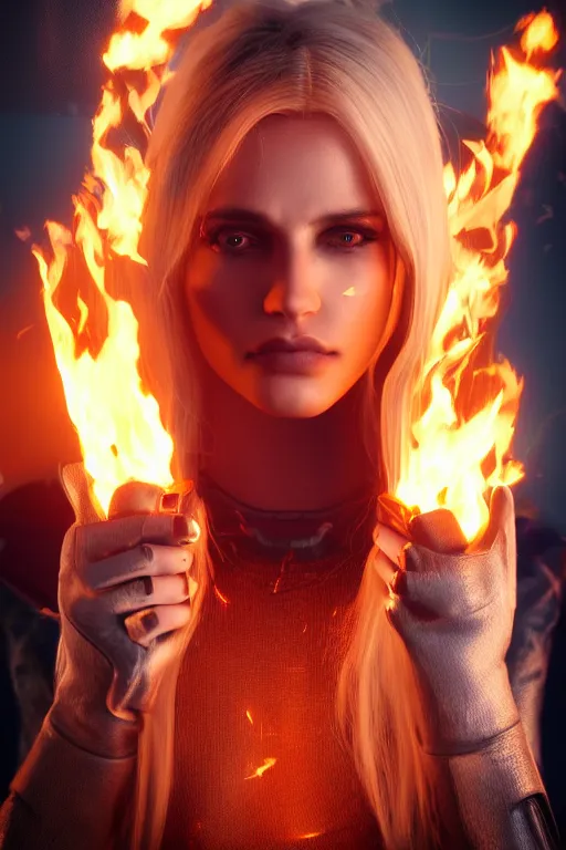 Prompt: gorgeous blonde woman with fire in her hand, cyberpunk, realistic, high definition, many details, shiny colorful, symmetrical face, realistic eyes, art of unreal engine 5