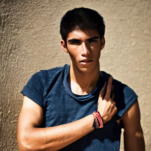 Image similar to color portrait of a very handsome peruvian male model by emmanuel lubezki