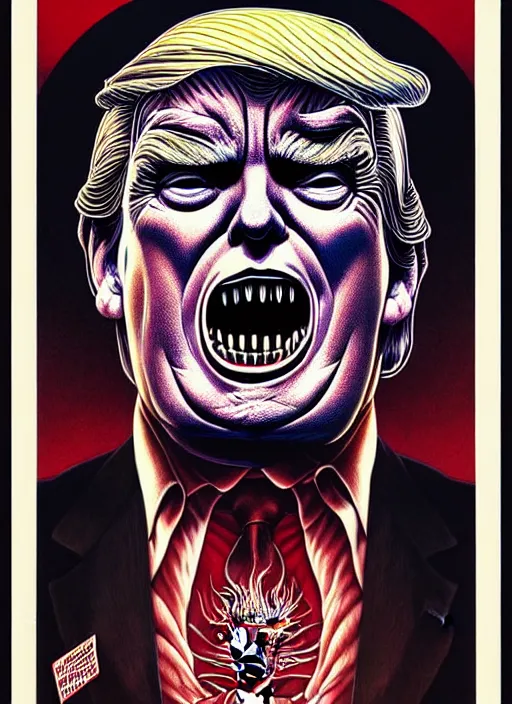 Prompt: donald trump's disgusting true form burstin from within, horror, high details, intricate details, by vincent di fate, artgerm julie bell beeple, 1 9 8 0 s, inking, vintage 8 0 s print, screen print