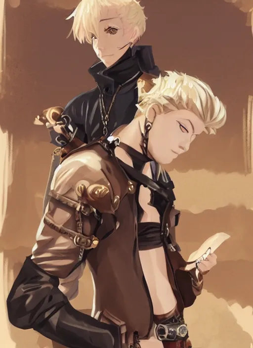 Image similar to a blonde boy thief in leathers with a steampunk armband in the style of krenz cushart