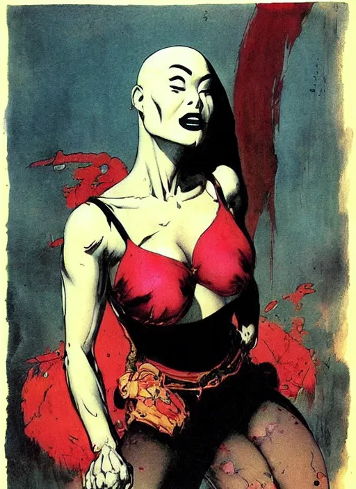 Image similar to portrait of bald korean vampiress, strong line, saturated color, beautiful! coherent! by frank frazetta, high contrast