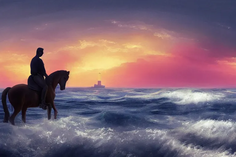 Prompt: photo of man riding a horse along the beach, glowing underwater waves toward a lighthouse in the distance guiding his way, silhouette, wide horizon, large white clouds, night, intricate, elegant, highly detailed, digital painting, artstation, concept art, smooth, sharp focus, illustration, art by artgerm and greg rutkowski and fra angelico