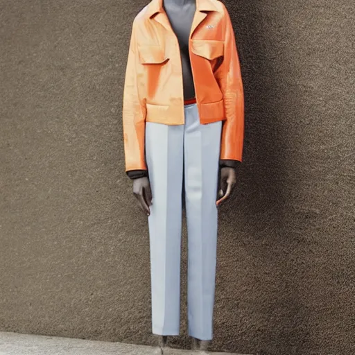 Image similar to realistic photoshooting for a new balenciaga lookbook color film photography of a beautiful woman model, model wears a workwear jacket, photo in style of tyler mitchell, ssense