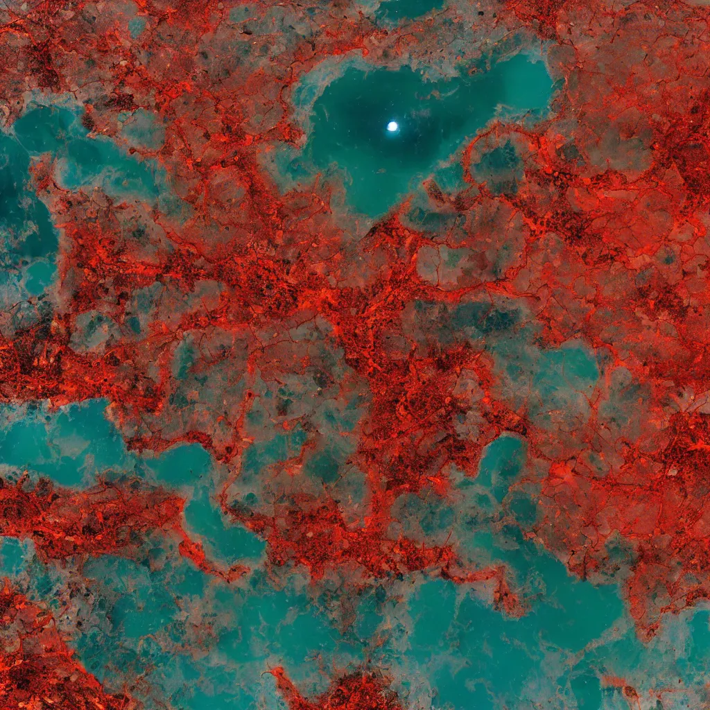 Prompt: a very polluted landscape seen by sentinel or landsat satellite during the night with red rivers and oceans surrounded by urban sediment, photorealistic, high resolution, best quality