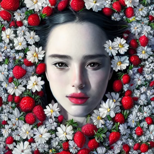 Image similar to the portrait of an absurdly beautiful, graceful, elegant, sophisticated, fashionable young woman made of strawberries and white petals looking down, an ultrafine hyperdetailed illustration by kim jung gi, irakli nadar, intricate linework, bright colors, octopath traveler, final fantasy, unreal engine 5 highly rendered, global illumination, radiant light, detailed and intricate environment