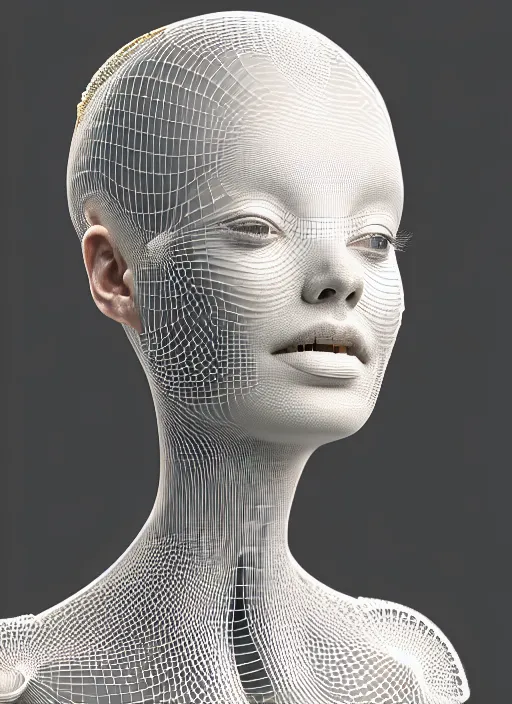 Image similar to complex 3d render ultra detailed of a beautiful porcelain profile woman face, mechanical cyborg, 150 mm, beautiful natural soft light, rim light, studio light, silver gold details, magnolia big leaves and stems, roots, fine foliage lace, mesh wire, intricate details, hyperrealistic, mandelbrot fractal, anatomical, red lips, white metal armor, facial muscles, cable wires, microchip, elegant, Alexander Mcqueen haute couture, octane render, H.R. Giger style, 8k
