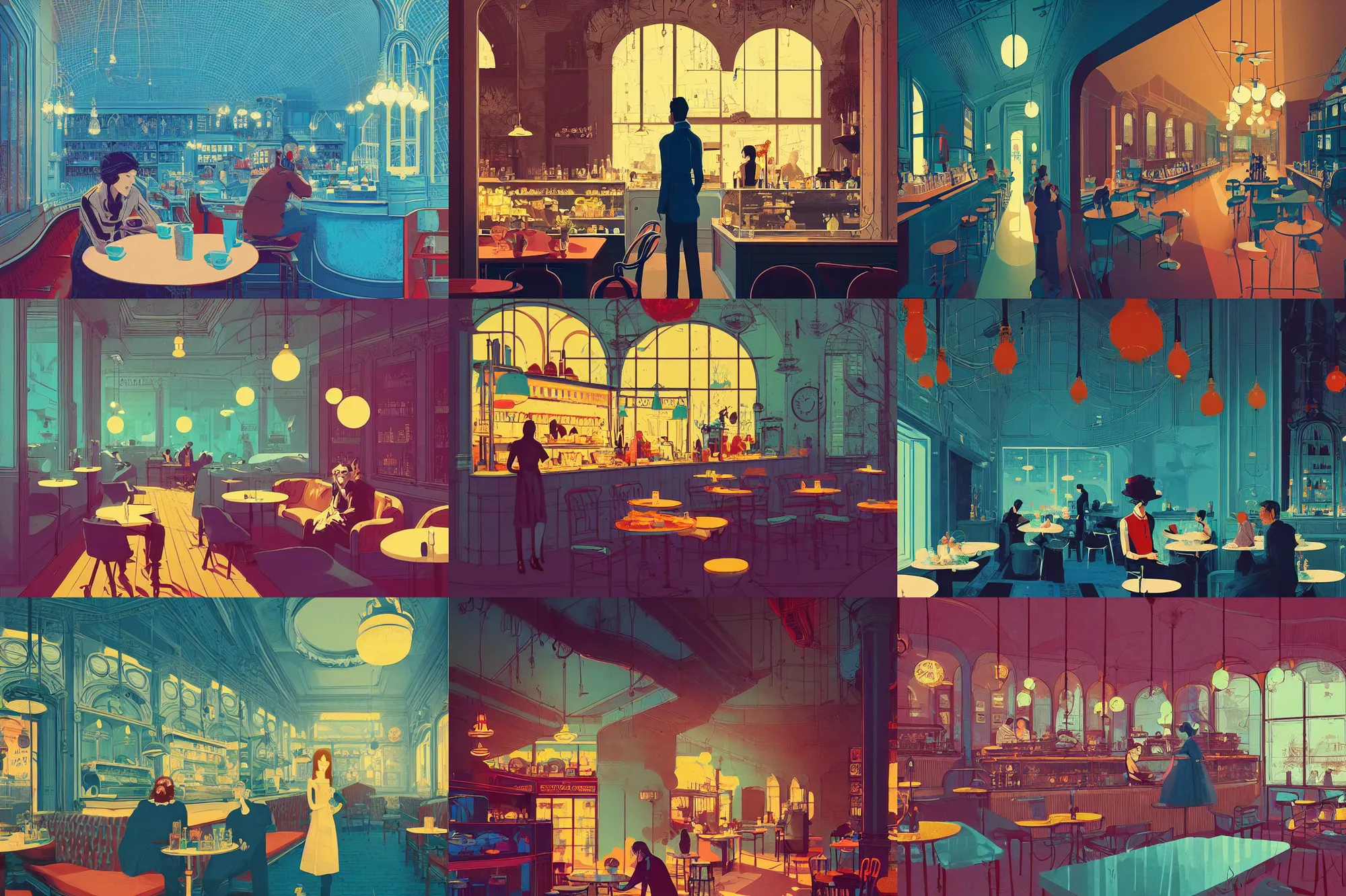 Prompt: illustrated portrait of a victorian cafe interior, colorful, ( ( mads berg ) ), christopher balaskas, victo ngai, rich texture, detailed, dynamic composition, wide angle, blue filter, ( ( stippled gradients ) ), flat