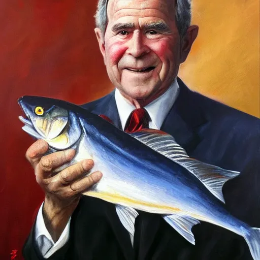Image similar to ultra realistic portrait painting of a george bush holding a giant sardine, art by frank frazetta, 4 k, ultra realistic, highly detailed, epic lighting