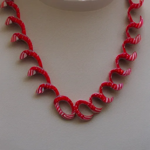 Prompt: candy cane necklace, photorealistic, beautiful, recursive