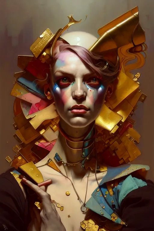 Image similar to portrait, patchwork doll, cyberpunk, elegant baroque, expressive, asymmetrical art, hyperrealism, colorful, vivid, imposing, epic, abstract texture, gold leaf texture, artstation, concept art, by peter mohrbacher and wlop and rhads and artgerm and magali villeneuve and alphonse mucha