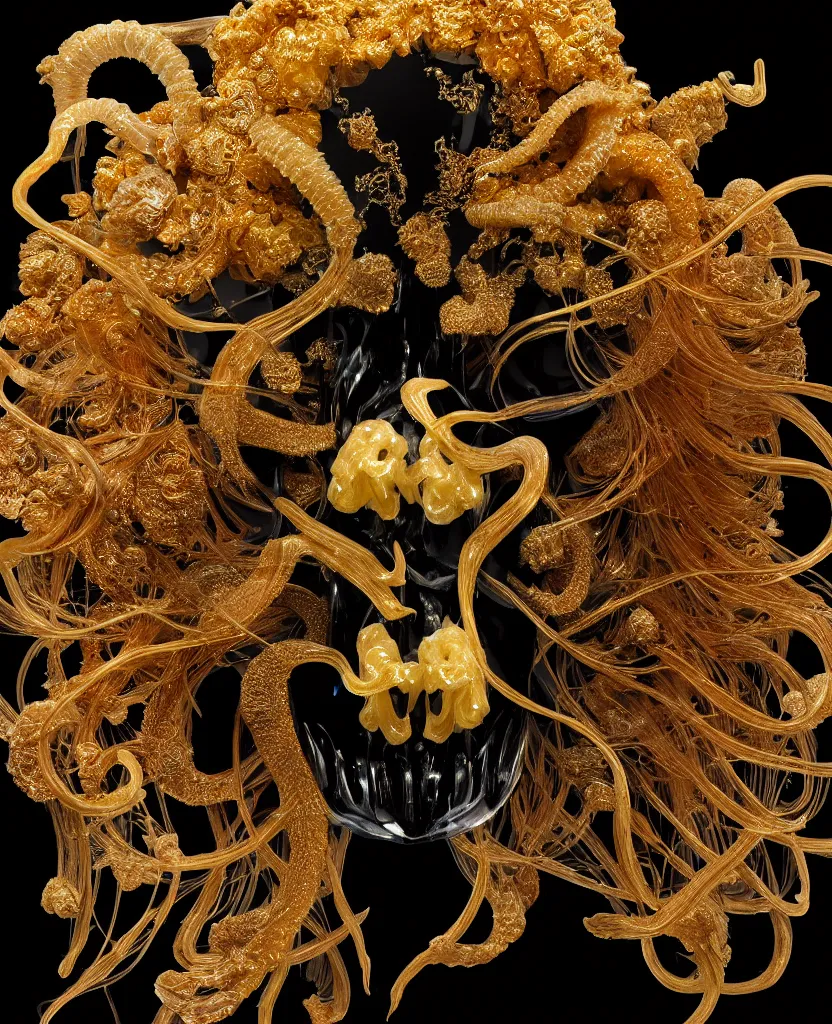 Image similar to fully black background. background hex 000000. goddess princess face close-up portrait ram skull. sculpture made of gold and decorated with brilliants. jellyfish phoenix head, nautilus, orchid, skull, betta fish, bioluminiscent creatures, intricate artwork by Tooth Wu and wlop and beeple. octane render, trending on artstation, greg rutkowski very coherent symmetrical artwork. cinematic, hyper realism, high detail, octane render, 8k