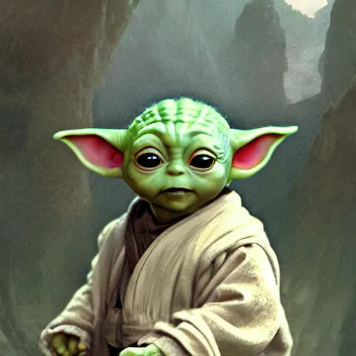 Image similar to baby yoda in the role of frodo from lord of the ring, film still, intricate, elegant, highly detailed, digital painting, artstation, concept art, smooth, sharp focus, illustration, art by artgerm and greg rutkowski and alphonse mucha and william - adolphe bouguereau