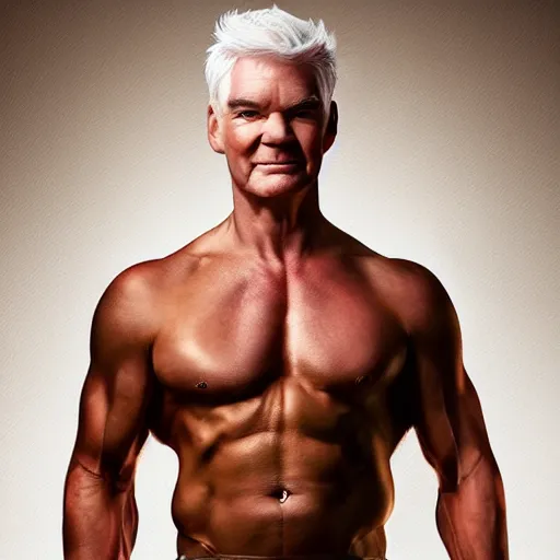 Image similar to Phillip schofield with the physique of a body builder, photorealistic, highly detailed, 4k, eye contact, digital painting,