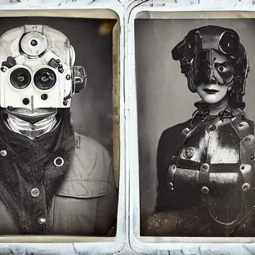 Image similar to tintype photographs of techno shamans, telepaths, dieselpunk cyborgs, masked heroes, irradiated humans, mystic mutates and monster hunters