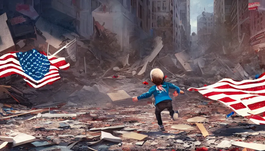 Image similar to child flying a torn american flag while running through streets of destroyed washington dc, collapsed buildings with debris and dust, hyperdetailed, artstation, cgsociety, 8 k