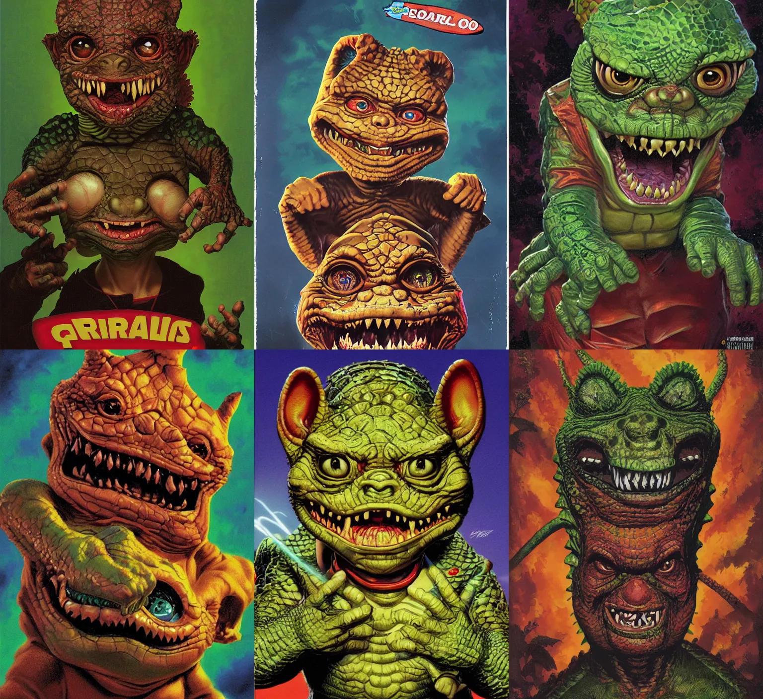 Prompt: Portrait a reptilian , garbage pail kids style by Craig mullins and Jason edmiston, plastic toy, trading card, zoom out