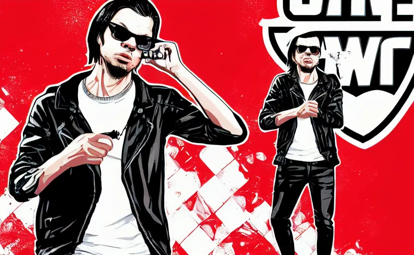 Prompt: full body of Orelsan with sunglasses GTA V loading screen illustration in the style of Stephen Bliss, uncrop, uncropped Orelsan very detailed GTA illustration from Stephen Bliss, full body Orelsan trending on artstation, Orelsan trending on deviantart, symmetrical face Orelsan, GTA V