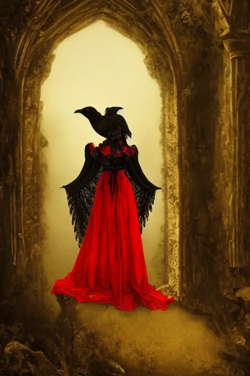 Prompt: baroque gothic woman wearing red silk and black lace, lit by a single candle, inside a ruined abbey, a crow watching, gustave dore, 4 k resolution, concept art, mist, autumnal, chiaroscuro,