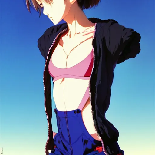 Image similar to a beautiful! boyish! natalie portman alluring gravure! model, wearing oversized mayan bomber jacket and leotard with overalls, bulky poofy bomber jacket with mayan patterns, gapmoe yandere grimdark, trending on pixiv fanbox, painted by greg rutkowski makoto shinkai takashi takeuchi studio ghibli, akihiko yoshida