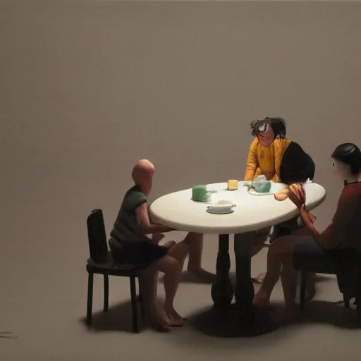 Prompt: cgi jade by michael sowa, by kazuki takamatsu. the art installation shows four people sitting in a diner late at night. the people in the art installation look tired & lonely. the art installation is set in new york city & shows the city's skyline in the background.