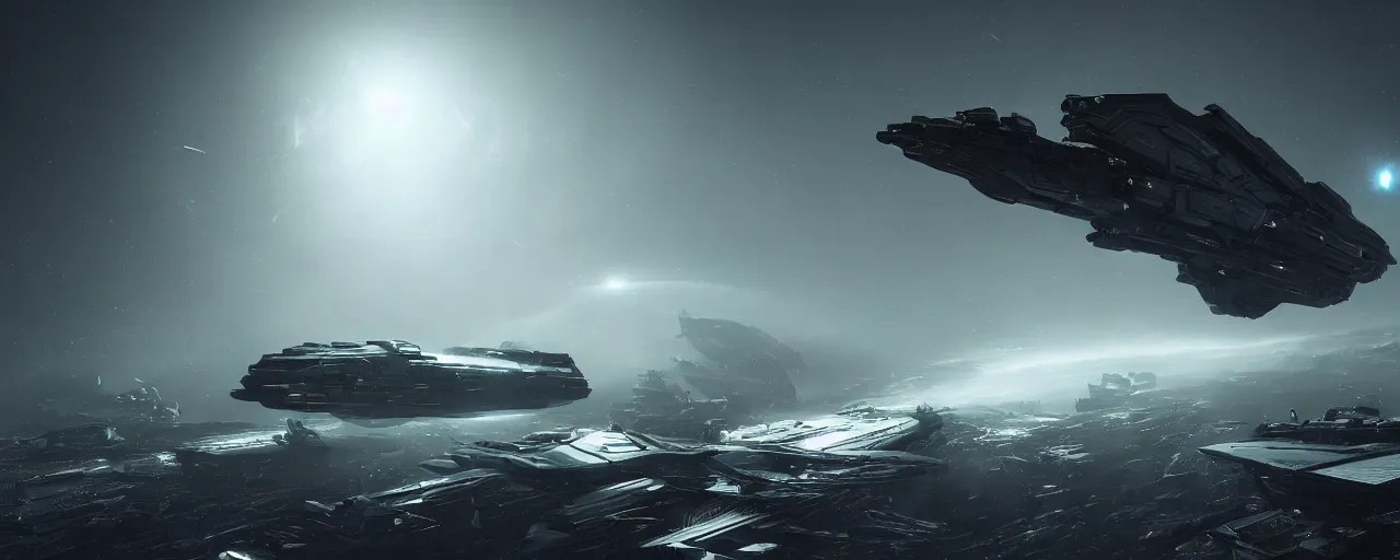 Prompt: dark space opera, epic beautiful space scifi, eve online, highly detailed, chiaroscuro, octane render, majestic, mysterious, double - exposure, light, tones of black in background, sublime, soft lighting, ray tracing global illumination, translucid luminescence, lumen reflections