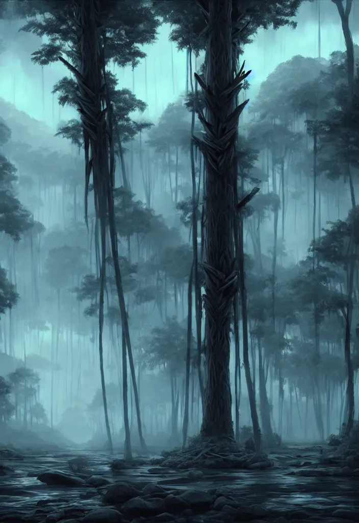 Image similar to forgotten society of tribal natives, large evil totems, gloomy sparse forest surrounding the blood rivers flowing through beach, visual novel key visual, award - winning digital art on pixiv, trending on artstation - cinematic lighting, dramatic lighting, stunning and beautiful scenery - highly detailed, hyperrealistic, unreal engine 5, in the style of kingdom hearts