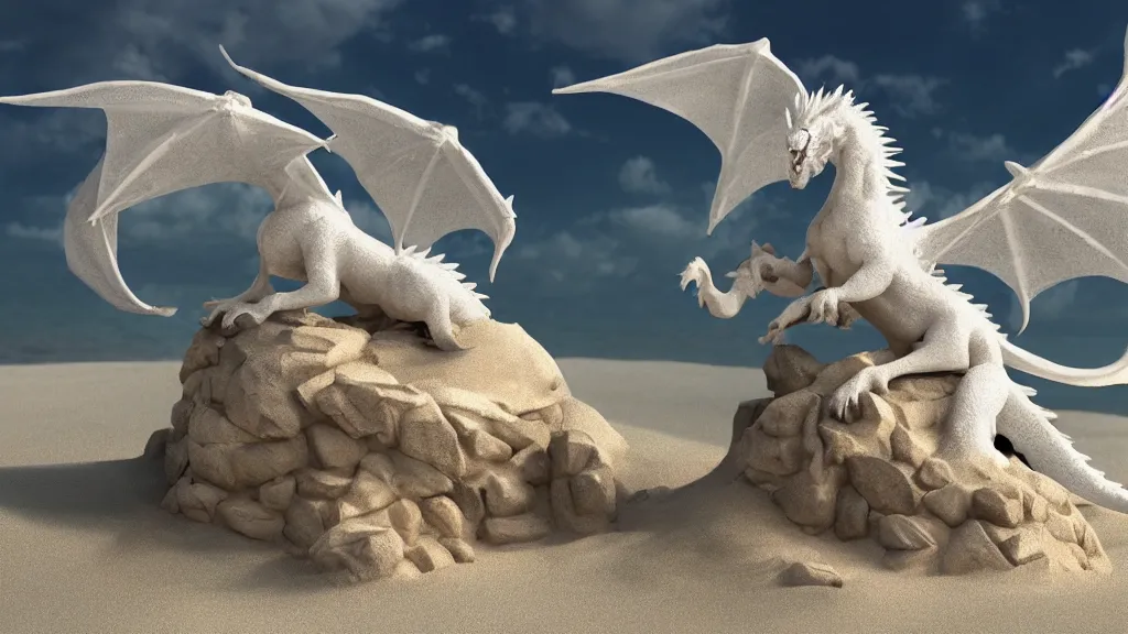 Prompt: a miniature white dragon perched on a sand castle at the beach by Xiaodi Jin, trending on ArtStation