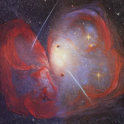 Image similar to a painting by Leonardo Da Vinci of two galaxies colliding