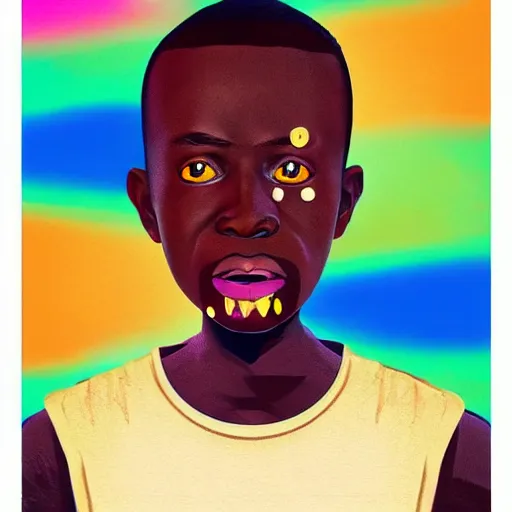 Image similar to colourful cupper half - portrait - art of a nigerian boy in claymation style, art by utagawa kunisada & james jean, symmetrical, intricate detail, concept art, volumetric light, global illumination, ray tracing, claymation, sharp, pinterest, behance, art station,