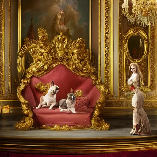 Image similar to 8k highly detailed oil matte painting in the style of Charles Landelle of A French Bulldog Louis XIV, decadent throne room, the other animals prostrate themselves before the throne, French architecture