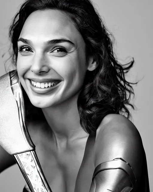Image similar to gal gadot as she crinkles her nose while laughing, dressed as wonder woman, photorealistic, black and white photography, 2 0 0 mm nikkor m f / 5. 6, 4 x 5 film, bokeh