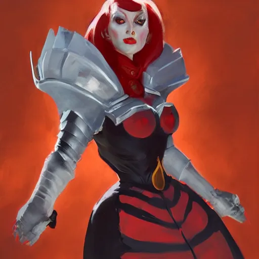 Image similar to greg manchess portrait painting of partially armored red queen from alice in wonderland as overwatch character, medium shot, asymmetrical, profile picture, organic painting, sunny day, matte painting, bold shapes, hard edges, street art, trending on artstation, by huang guangjian, gil elvgren, ruan jia, randy vargas, greg rutkowski