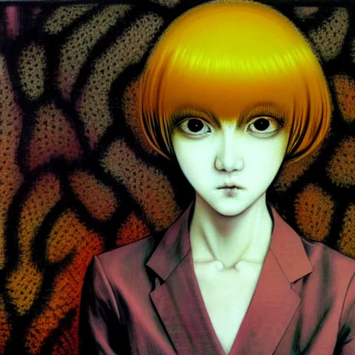 Image similar to yoshitaka amano blurred and dreamy realistic three quarter angle horror portrait of a sinister young woman with short hair and yellow eyes wearing office suit with tie, junji ito abstract patterns in the background, satoshi kon anime, noisy film grain effect, highly detailed, renaissance oil painting, weird portrait angle, blurred lost edges