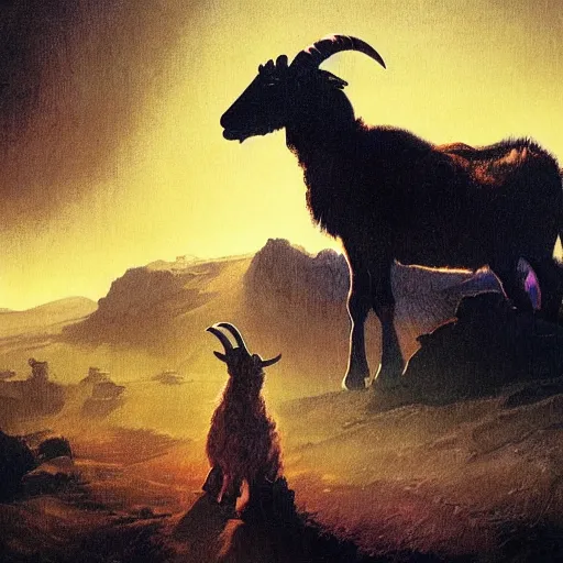 Prompt: goat in the painted world of resident evil and bruce pennington, head and shoulders masterpiece, apocalypse, golden hour, cosmic horror, artstation, in the style of goya and edward hopper and bosch, extremely detailed