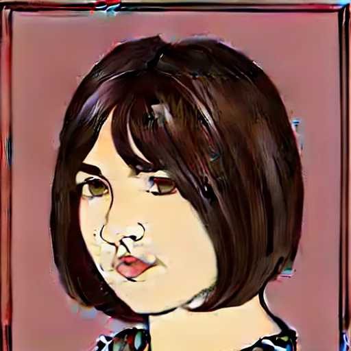 Prompt: chubby brunette woman with straight hair in a short bob, round face, romanian heritage, brown eyes, olive skin, bulbous nose, big chin, no bangs, digital art, cartoon, 8k, illustration, art nouveau, Alphonse Mucha, trending on artstation, medium shot, head shot