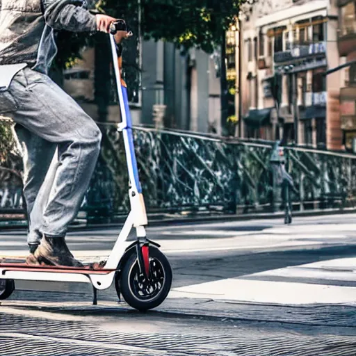 Image similar to A seagull sitting on top of a man, who is riding an electric scooter