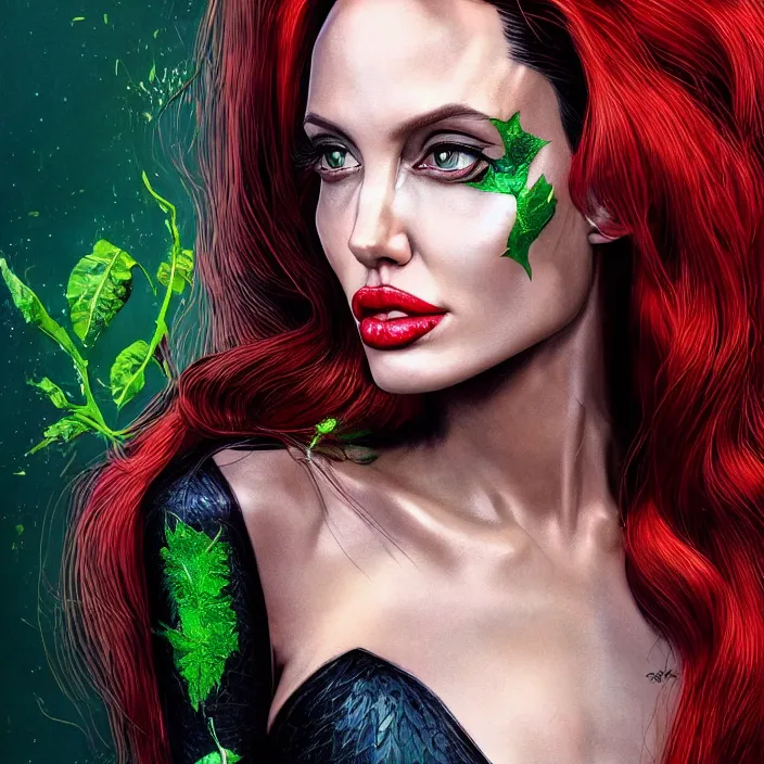 Image similar to portrait of Angelina Jolie as Poison Ivy. intricate abstract. intricate artwork. by Tooth Wu, wlop, beeple, dan mumford. octane render, trending on artstation, greg rutkowski very coherent symmetrical artwork. cinematic, hyper realism, high detail, octane render, 8k, iridescent accents