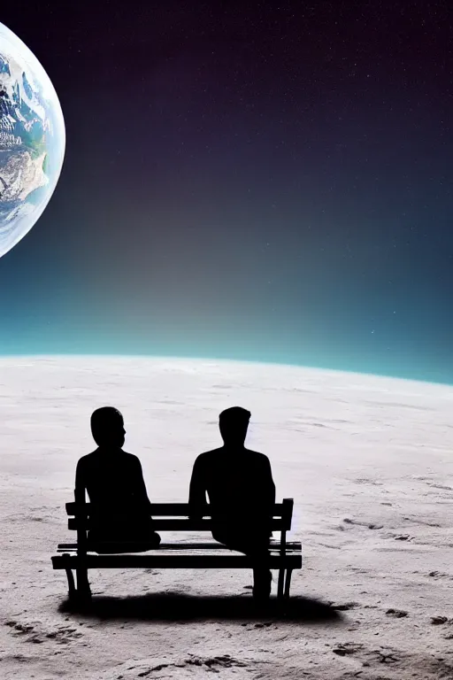 Image similar to Silhouette of a Couple sitting on a bench on the moon with a view of planet earth, photorealistic, high resolution, award winning, trending on artstation.