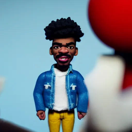 Image similar to a cinematic film still of a claymation stop motion film starring chance the rapper as a college student, shallow depth of field, 8 0 mm, f 1. 8