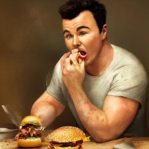 Image similar to hyperrealistic mixed media image of seth macfarlane eating a cheeseburger, stunning 3 d render inspired art by istvan sandorfi and greg rutkowski, perfect facial symmetry, realistic, highly detailed attributes and atmosphere, dim volumetric cinematic lighting, 8 k octane extremely hyper - detailed render, post - processing, masterpiece,