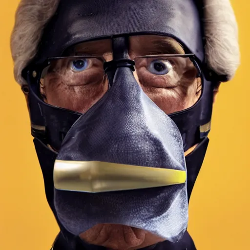 Prompt: uhd candid photo of cosmic joe biden wearing a rubber muzzle, with accurate face, real rubber muzzle, uhd, studio lighting, correct face, photo by annie leibovitz