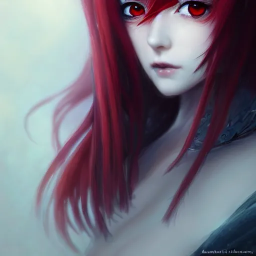 Image similar to facial portrait of a young pretty anime woman, long red hair, dark eyes, gothic eyeliner, character concept art, headshot, Charlie Bowater, Anna Dittmann, WLOP, Rumiko Takahashi, Akihiko Yoshida, Hyung-tae Kim, alexander mcqueen, trending on Artstation