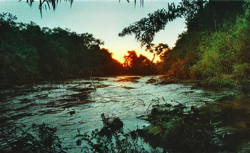 Prompt: jungle river landscape, old color film photography, vintage, F/1,4, film artifacts, sunset, highly detailed