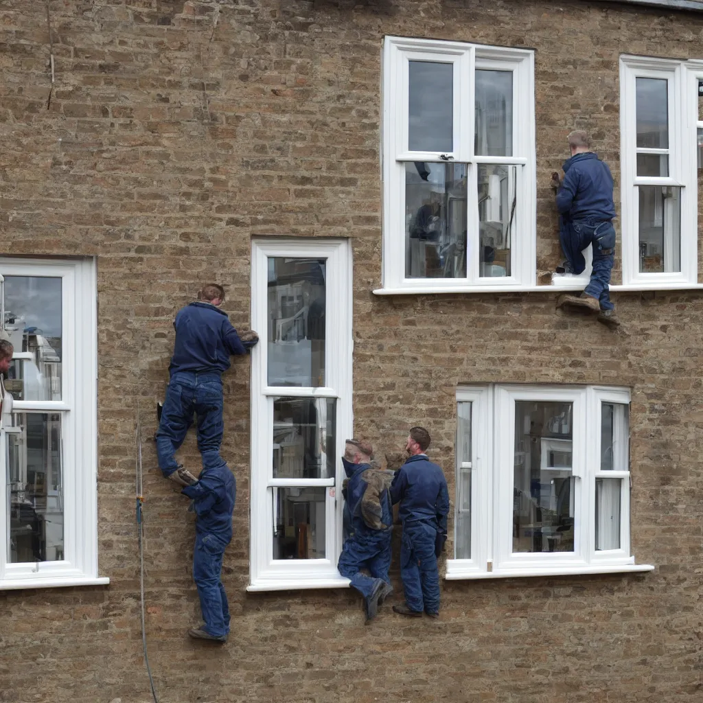 Image similar to builders inspecting and discussing single sash window