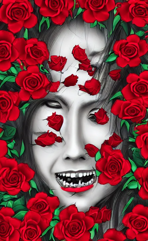 Image similar to very detailed digital drawing of a face covered with teeth lying in red roses.